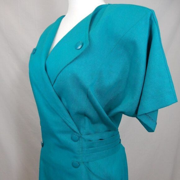 Vintage 80s Teal Dress Secretary Retro Linen Double Breasted Sheath Knee Length - Picture 7 of 13